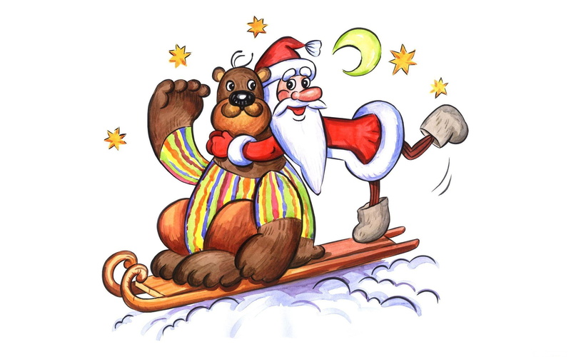 holiday, sleigh, greeting card, stars, santa claus, santa, moon, card, bear, illustration, greeting, 1080P, claus