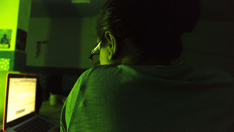 glasses, green, computer monitor, headshot, rear view, dj, connection, communication, technology, one person, art, eyeglasses, green color, human hair