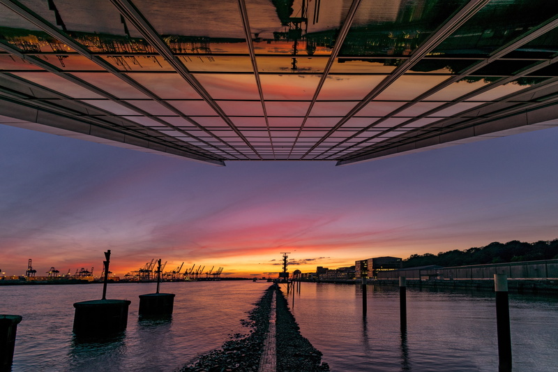 silhouette, tranquility, altona, mood, harbour area, 5K, orange color, architecture, sea, built structure, sky, bridge - Man Made Structure, beauty in nature