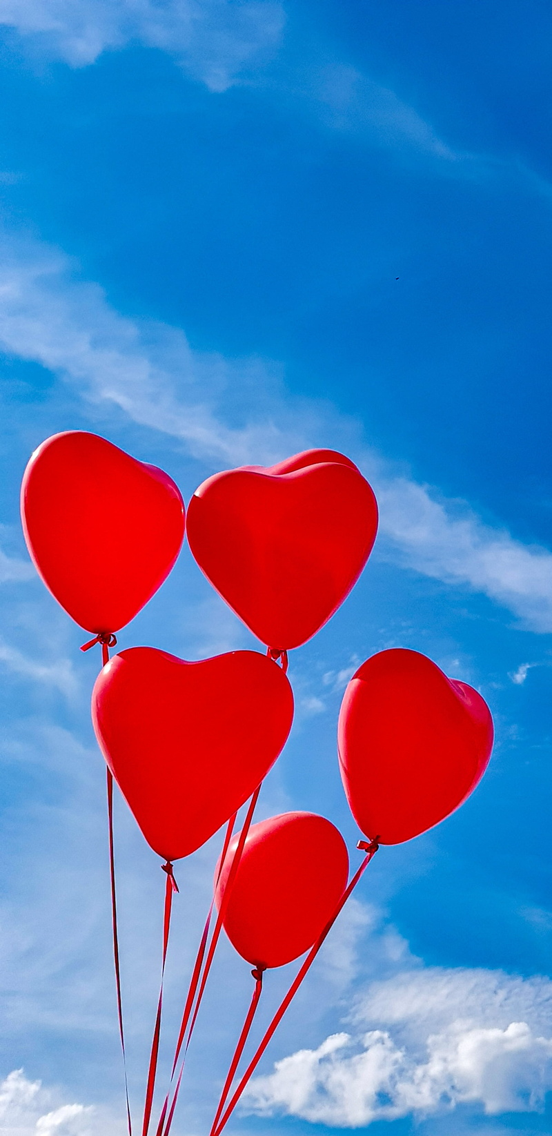veloben, red, low angle view, day, luck, outdoors, wedding, sky, choice, lockscreen, backgrounds, heart, balloons, pair, flying, cloud - sky