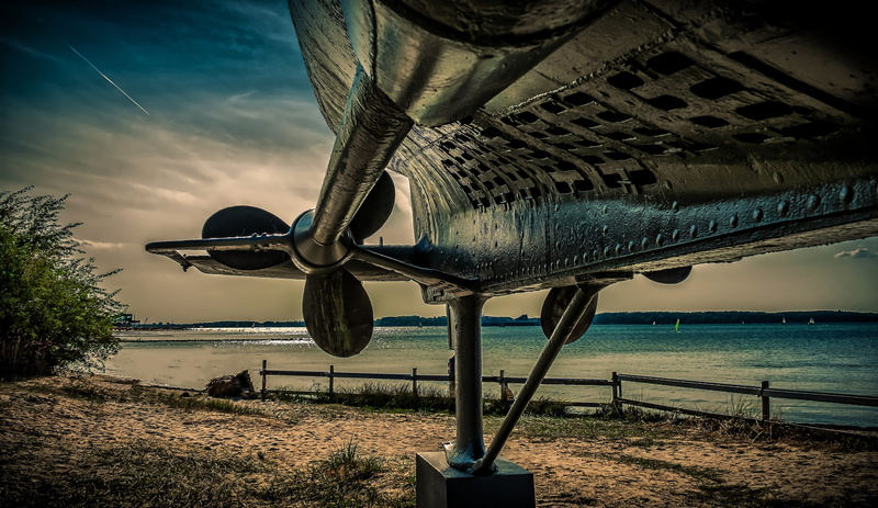 day, non-urban scene, drive, tranquil scene, outdoors, coast, propeller, u boat, horizon, scenics - nature, land, sea, metal, cloud - sky, screw, water