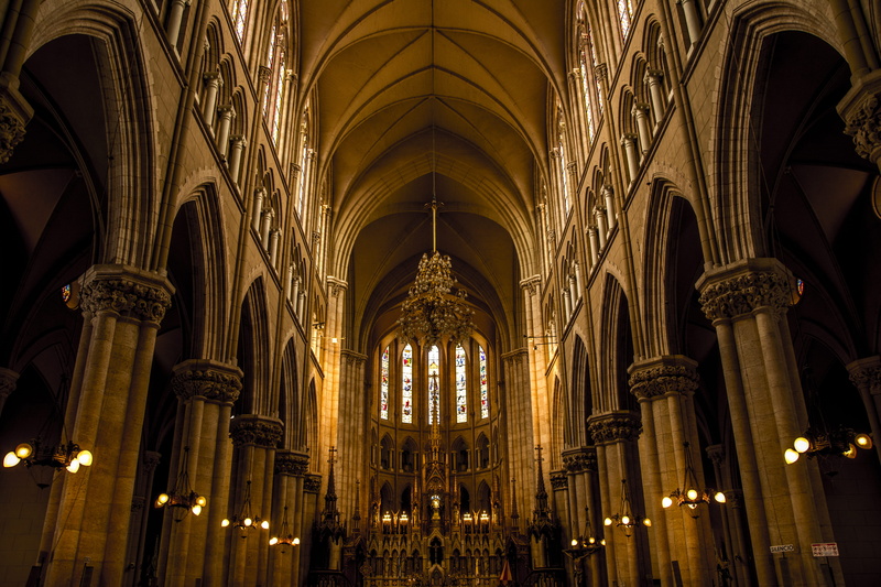 illuminated, argentina, basilica, arch, belief, luján, indoors, aisle, travel destinations, buenos aires, neogothic, architectural column, gothic style