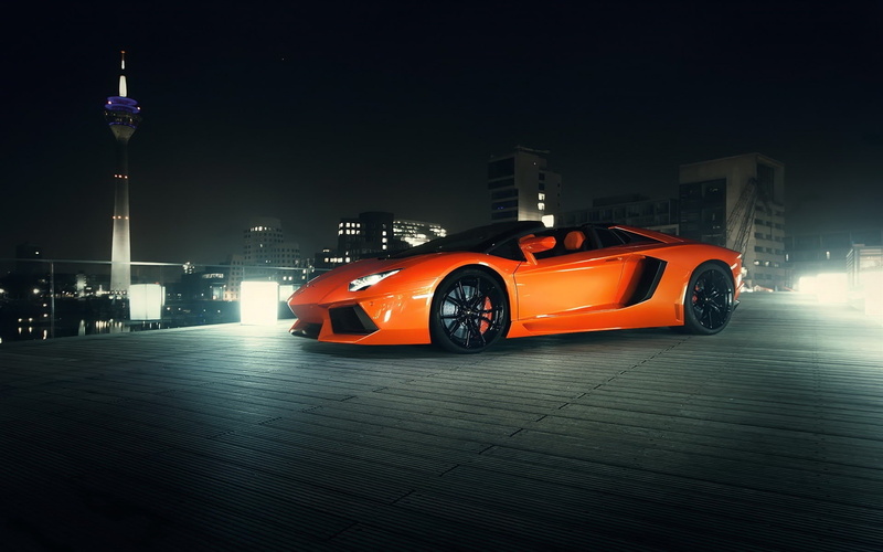 Night, aventador, Roadster, Lamborghini, lp, Orange, Supercar, 1080P