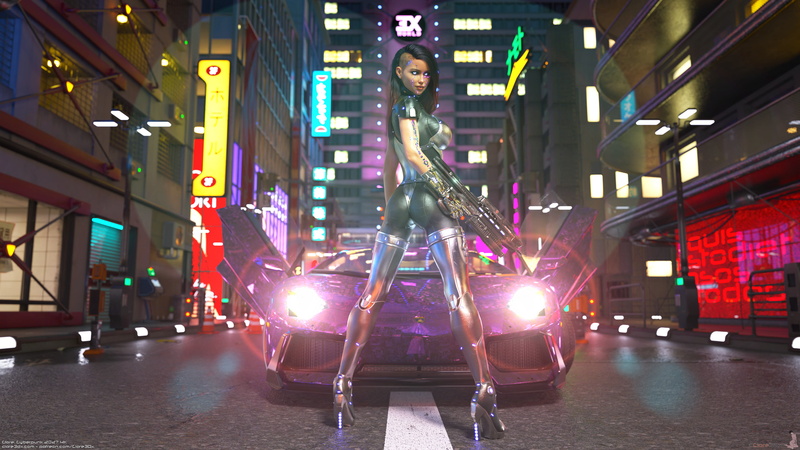 urban, rifles, Lamborghini, city, cyberpunk, 4K, Lamborghini Aventador LP700-4 Roadster, science fiction, butt crack, night, 3dx