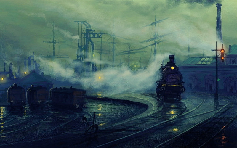 steam locomotive, artwork, dock, train, Lionel Walden, vehicle, 720P, painting
