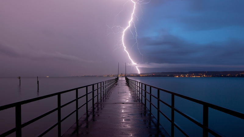 sky, lights, split view, long exposure, water, hills, landscape, lightning, Germany, pier, evening, town, nature, 1080P, clouds, storm, sea