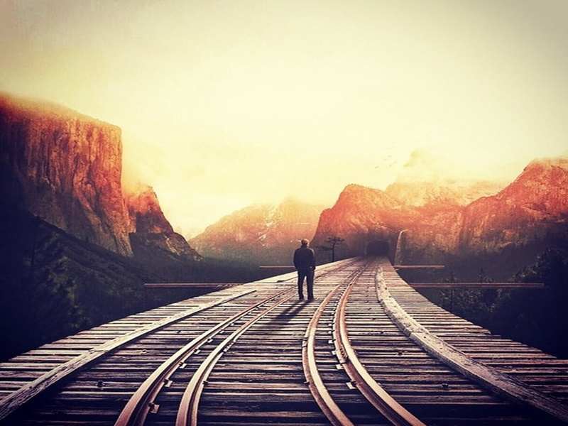 rear view, illustration, 480P, rail transportation, full length, outdoors, leisure activity, railroad track, track, real people, standing, brown, rails