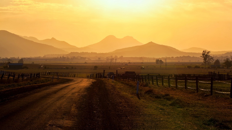 no people, field, tranquil scene, scenics - nature, sky, nature, transportation, mountain range, sunset, sunlight, rails, barrier, 1080P, tranquility