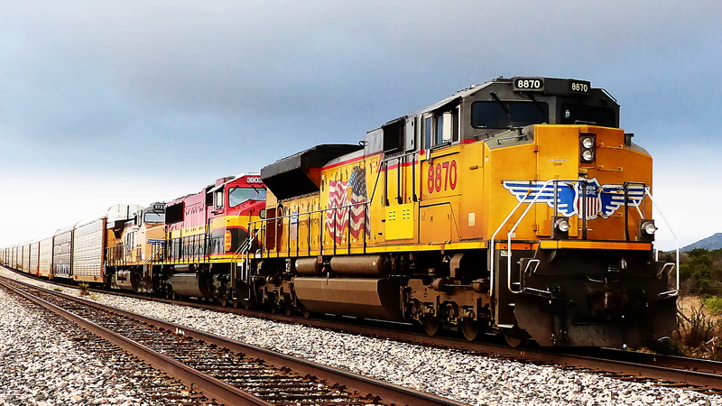 sky, outdoors, rails, railroad car, transportation, yellow, red, track, railroad track, freight train, rail transportation, wagon, engine, land vehicle