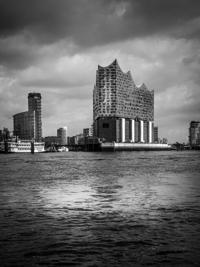 sky, philharmonic orchestra, sea, elbe philharmonic hall, big city, wave, cloud - sky, architecture, art, home, grayscale, building, modern art, 4K, maritime