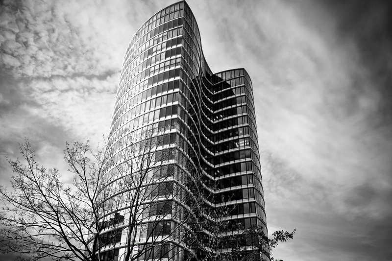clouds, financial district, glass front, mirroring, no people, urban, photo, low angle view, outdoors, office building, office, 4K, architecture, modern architecture
