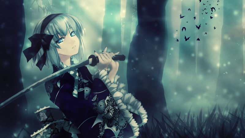 one person, transparent, animal wildlife, holding, selective focus, character, aquarium, Konpaku Youmu, anime, fish, katana, digital, nature