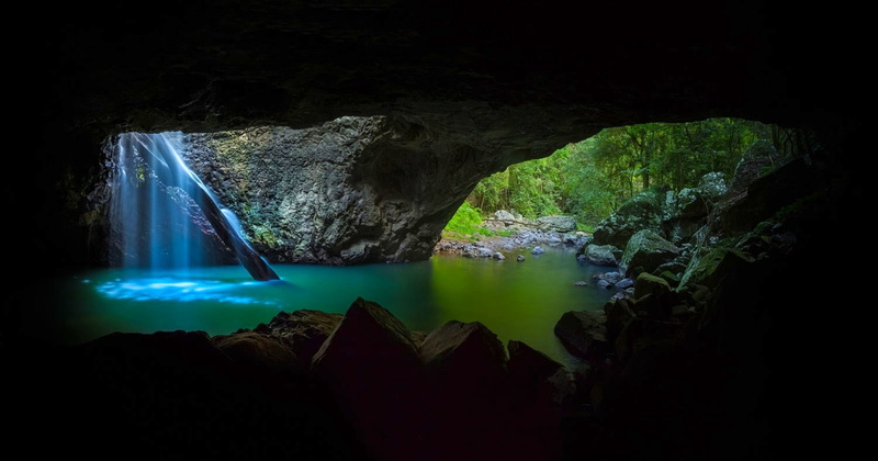 landscape, water, turquoise, shadow, waterfall, photography, trees, pond, cave, nature, Australia, daylight, 720P, rocks