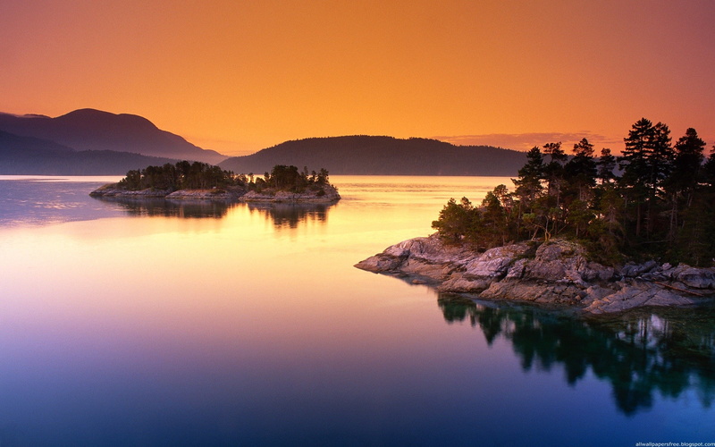 trees, sunset, rock, lake, nature, island, landscape, photography, water, plants, 1080P, rock formation