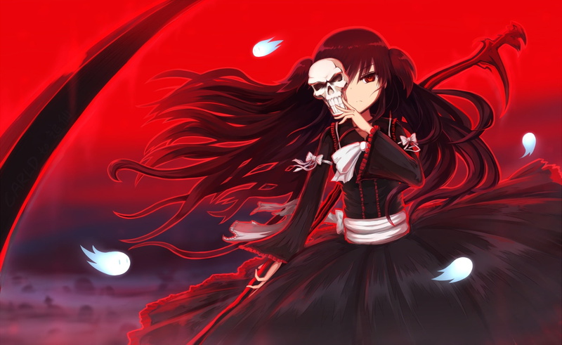 costume, 1080P, skull, shinigami, long hair, anime style games, venusblood frontier, one person, front view, women, young women, looking at camera, real people