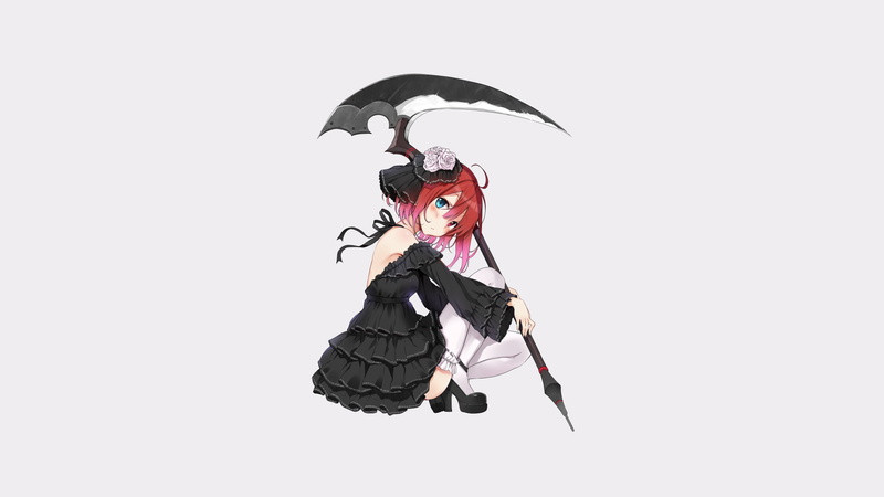 1080P, weapon, anime girls, scythe, dress, lolita fashion, death, rose, blue eyes, original characters, heterochromia, simple background, redhead, ahoge