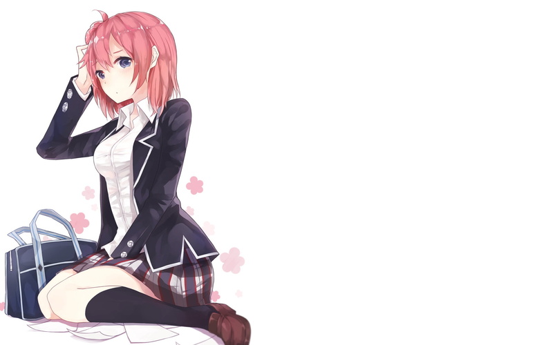 looking at camera, Anime, indoors, front view, portrait, sitting, young women, Yui Yuigahama, shoe, 1080P, studio shot, high heels, real people, full length