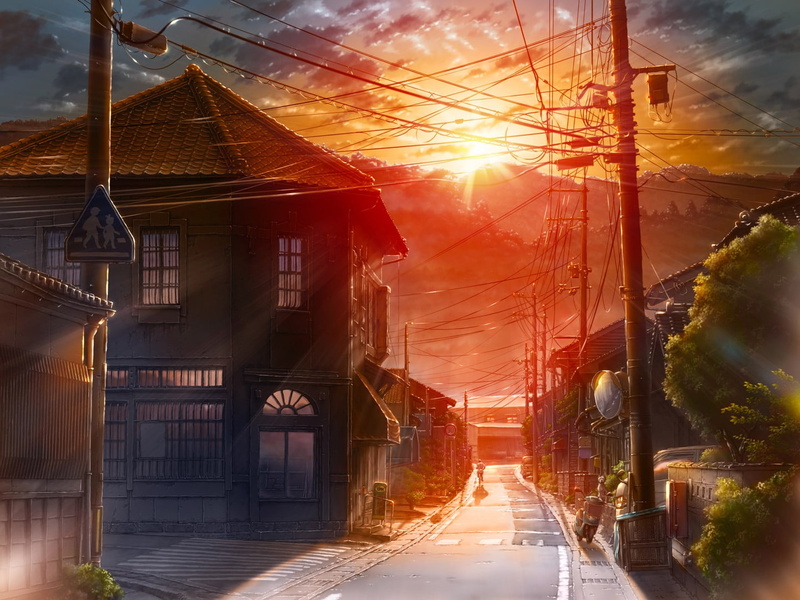 sunset, direction, sunbeam, road, the way forward, building, sky, house, 720P, nature, urban, hd, anime, sunlight, built structure, no people, cartoon