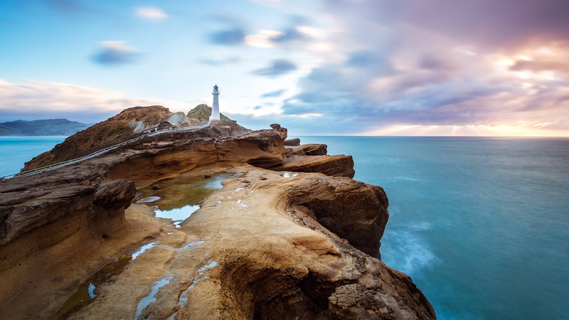 1080P, clouds, landscape, sky, New Zealand, mountains, Castle Point Lighthouse, long exposure, sea, architecture, horizon, lighthouse, rocks, water, Wellington