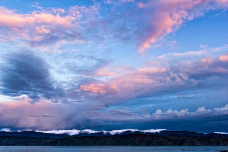dramatic sky, snowcapped mountain, tranquility, blue, sunset, Wellington, mountain, snow, bay, non-urban scene, Strait, environment, mountain range, cloud - sky
