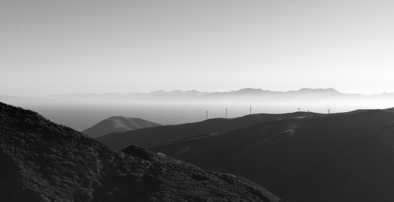 hawkins hill radar dome, fog, turbines, outdoors, environment, tranquility, 4K, travel, mountain, mountain peak, mountains, black and white, non-urban scene