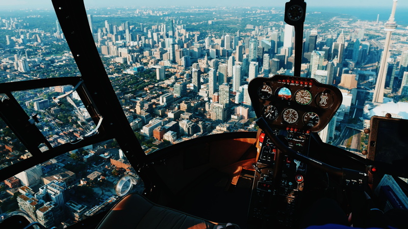 canada, tower block, cockpit, vehicle, skyscrapers, toronto, cn tower, cityscape, helicopter, downtown, mechanics, 4K, flight, urban, birds eye view, controls