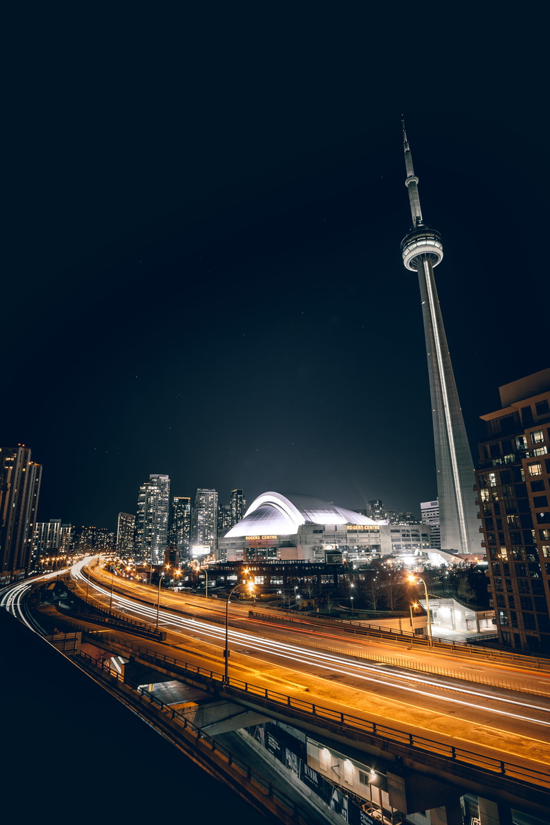 city life, building exterior, nightlife, 5K, rokinon, tall - high, canada, long exposure, transportation, skyscraper, speed, road, view, multiple lane highway