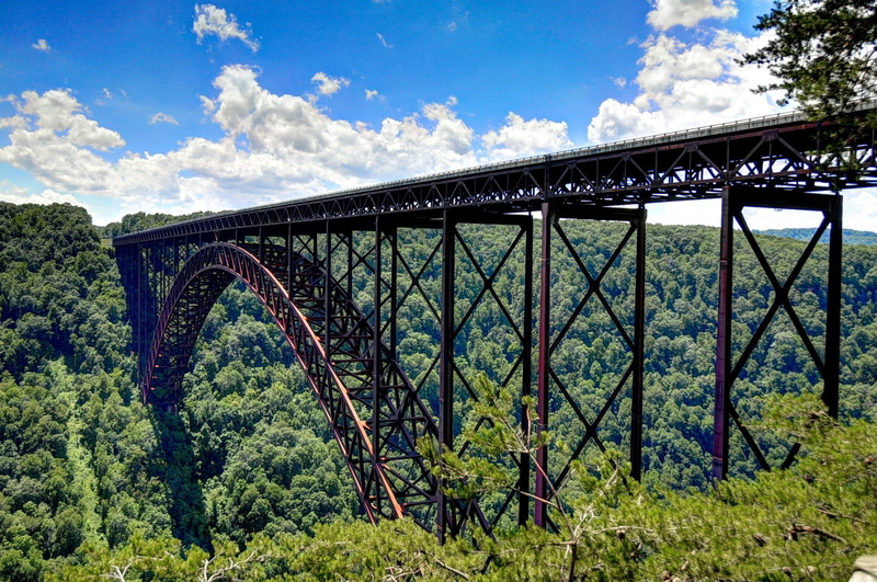 view, tree, land, river, 1080P, metal, day, bridge, plant, arch bridge, tranquility, built structure, transportation, bridge - Man Made Structure, cloud - sky