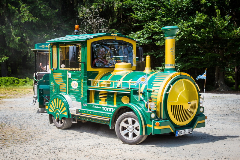 yellow, old-fashioned, car, old, transportation, land, arbersee, mode of Transport, arbersee lakes railway, tree, outdoors, wheel, green color, plant, road