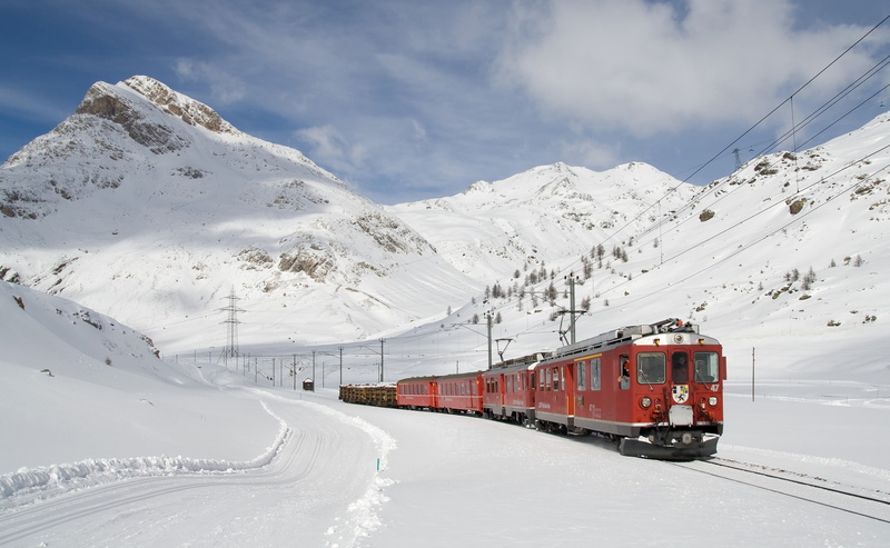 skiing, 2K, outdoors, bernina, track, transport, sky, nature, railway, switzerland, travel, sport, lagalb, locomotive, snow, bernina railway, passenger transport