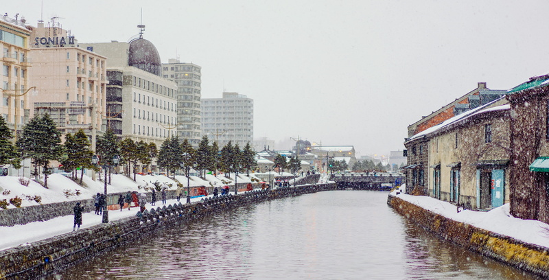 concrete, day, winter, building, water, japan, waterfront, otaru-shi, residential district, built structure, crowd, city, snowing, tree, harbor, person