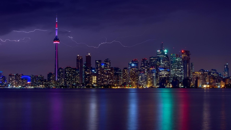 metropolis, toronto, canada, purple, architecture, 1080P, downtown, skyscraper, office building exterior, outdoors, reflection, tower, residential district