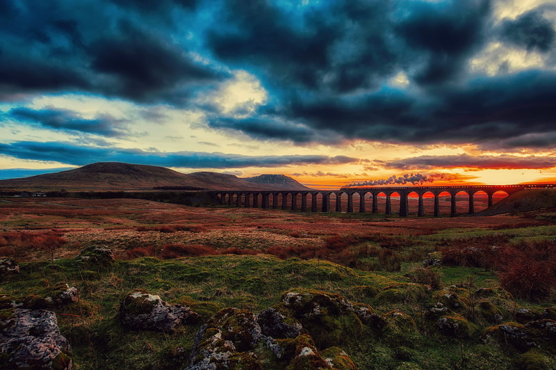 steam locomotive, train, steam, blue, cloudy, black, 1080P, locomotive, bridge, sky, railway, clouds, skies, sunset valley