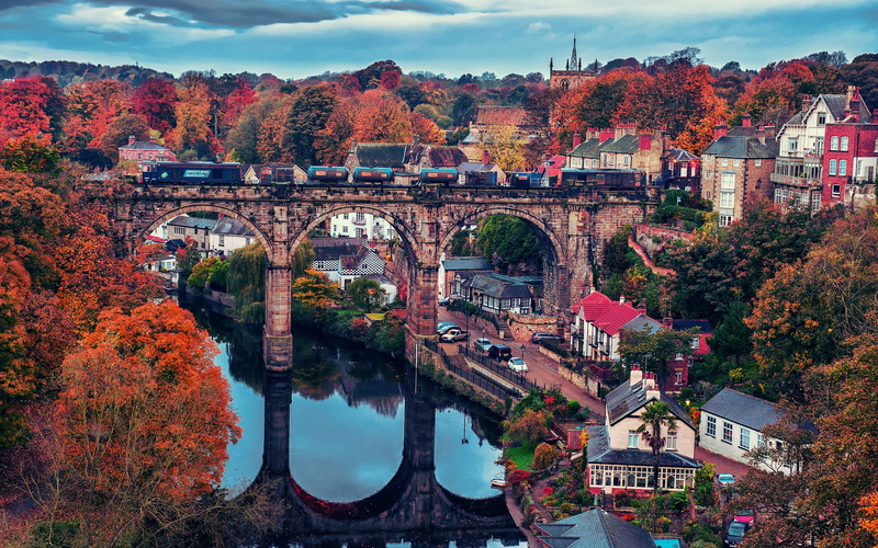 House, Train, River, Trees, Bridge, Beautiful, 1080P, Town, Autumn