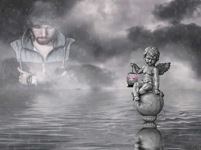 waterfront, real people, loneliness, 4K, thinking, day, sculpture, male likeness, pain, digital composite, creativity, reflection, art and craft, front view