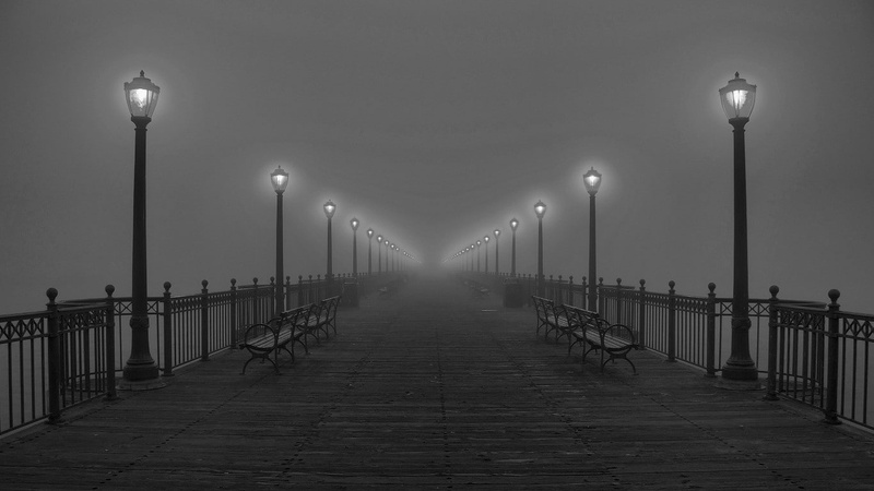 street, monochrome, lantern, 720P, street light, mist