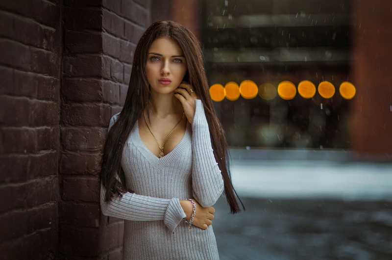 beautiful woman, makeup, Mikhail Gerasimov, hairstyle, beautiful people, snowflakes, brown hair, sweater, s, v, waist up, hair, pose, one person, casual clothing