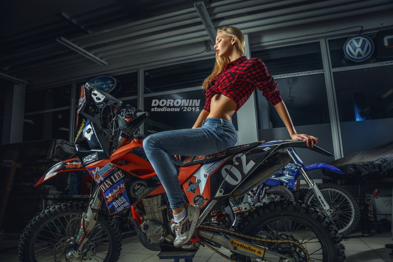 girl, blonde, bike, Denis Doronin, garage, shirt, photographer, motorcycle, hairstyle, makeup, jeans, 2K, sneakers