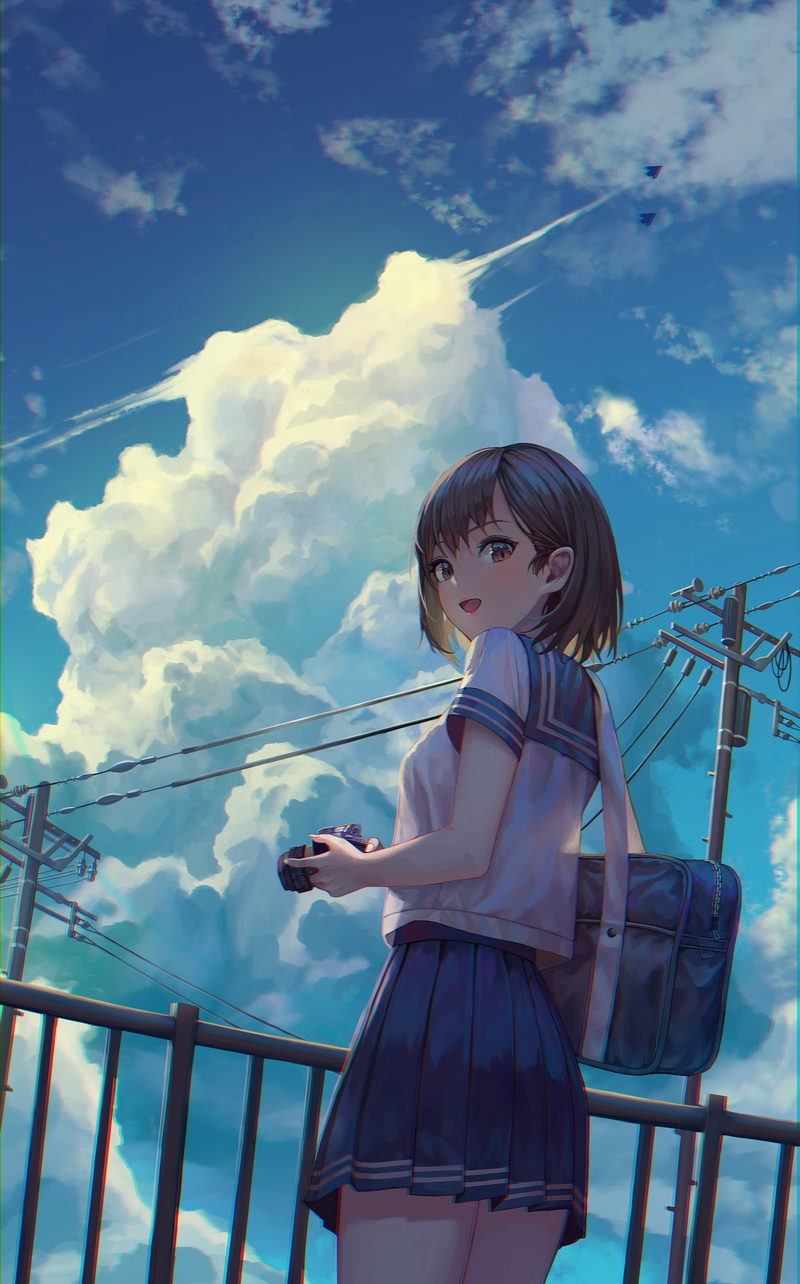 sky, brown eyes, camera, anime, digital art, short hair, city, school uniform, anime girls, 2K, vertical, photographer, open mouth, airplane, portrait display