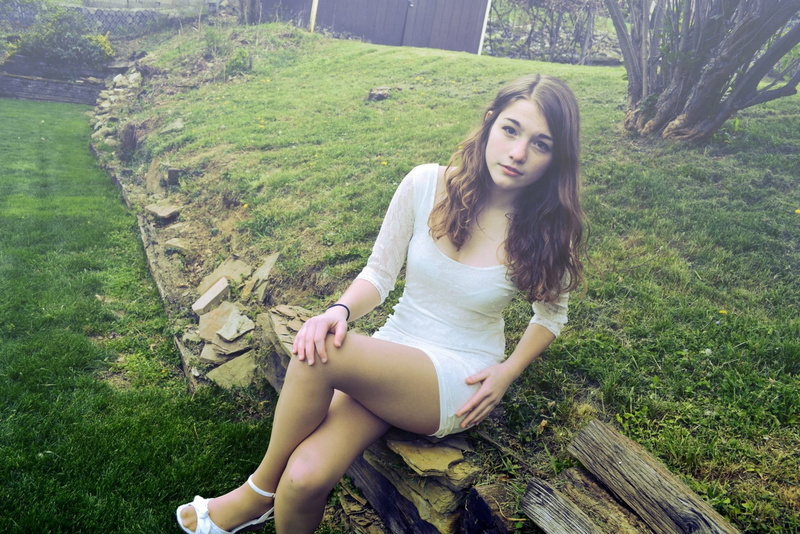 outdoors, tree, white, s, natural light, front view, white dress, hair, fashion, beauty, brunette, real people, 1080P, day, lifestyles, portrait, plant