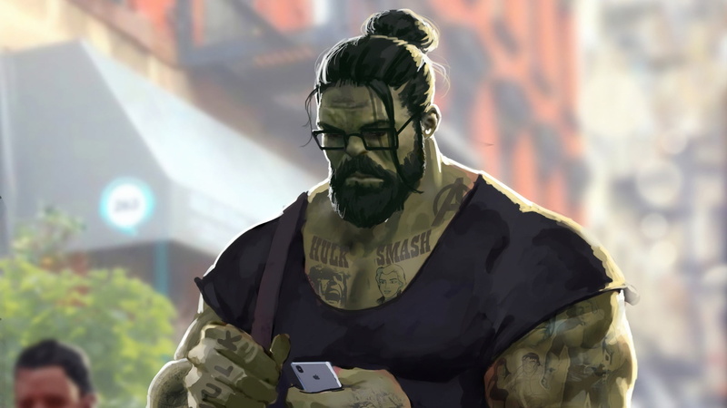 Hulk, glasses, 1080P, The Avengers, iPhone, tattoo, beard, Apple Inc., Marvel Comics, hairbun, smartphone