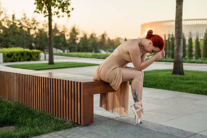 ballet slippers, tattoo, women outdoors, Georgy Dyakov, grass, outdoors, dress, necklace, redhead, profile, earring, ballerina, women, model, 1080P, trees