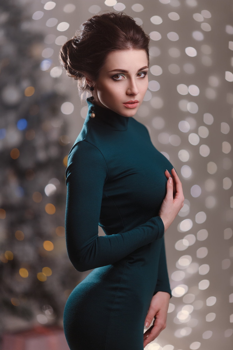 earring, lipstick, Nikolay Novikov, women, 1080P, makeup, looking at viewer, hairbun, tight dress, eyeshadow, brunette