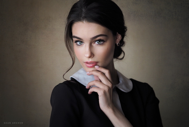 Sean Archer, uniform, headshot, finger on lips, 720P, beautiful woman, studio shot, young adult, one person, green eyes, nail, women, black hair, beautiful people
