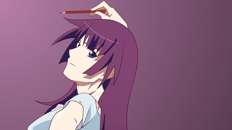 standing, Senjougahara Hitagi, Monogatari Series, hairstyle, pink color, 4K, adult, art and craft, purple, side view, clothing, young women, real people