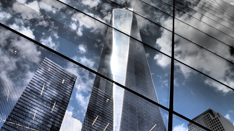 tower, skyscraper, cloud - sky, memorial, office, building, sky, no people, new york city, tall - high, business, office building exterior, mirroring, directly below