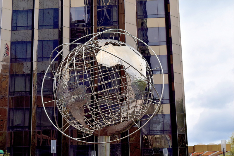 exterior, blue, day, outdoors, metal, planet, sky, indoors, skyscraper, office, ny, ball, global, cityscape, continent, 3d, york, low angle view, near