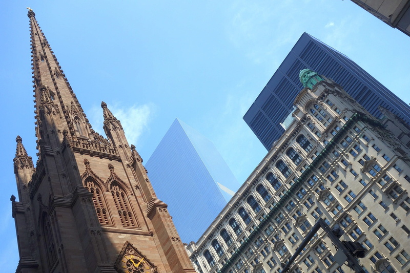 modern, belief, religion, home, built structure, low angle view, sky, day, 1080P, manhattan, no people, nyc, usa, broadway, office building exterior, city