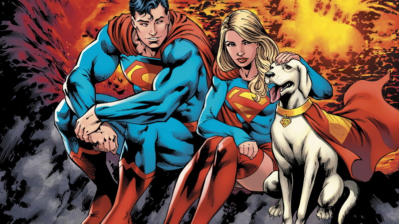 Superdog, Superman, dog, 1080P, Supergirl, DC Comics, logo, couple, artwork, costume, comics, fantasy, man, cape, girl, superheroes