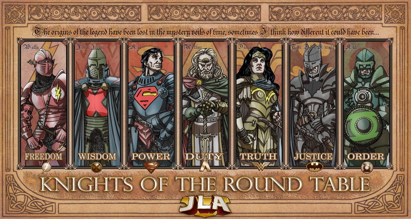 Knights of the Round Table, Justice League, Green Lantern, Wonder Woman, armor, superheroes, Superman, legends, 1080P, middle ages, Flash, artwork, comics